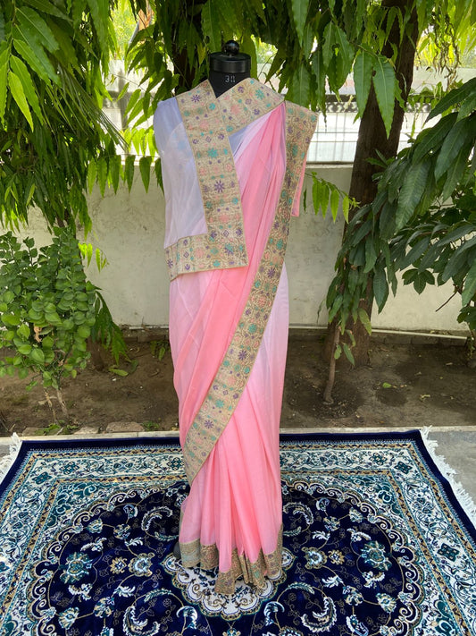 Peach ombre antique border saree