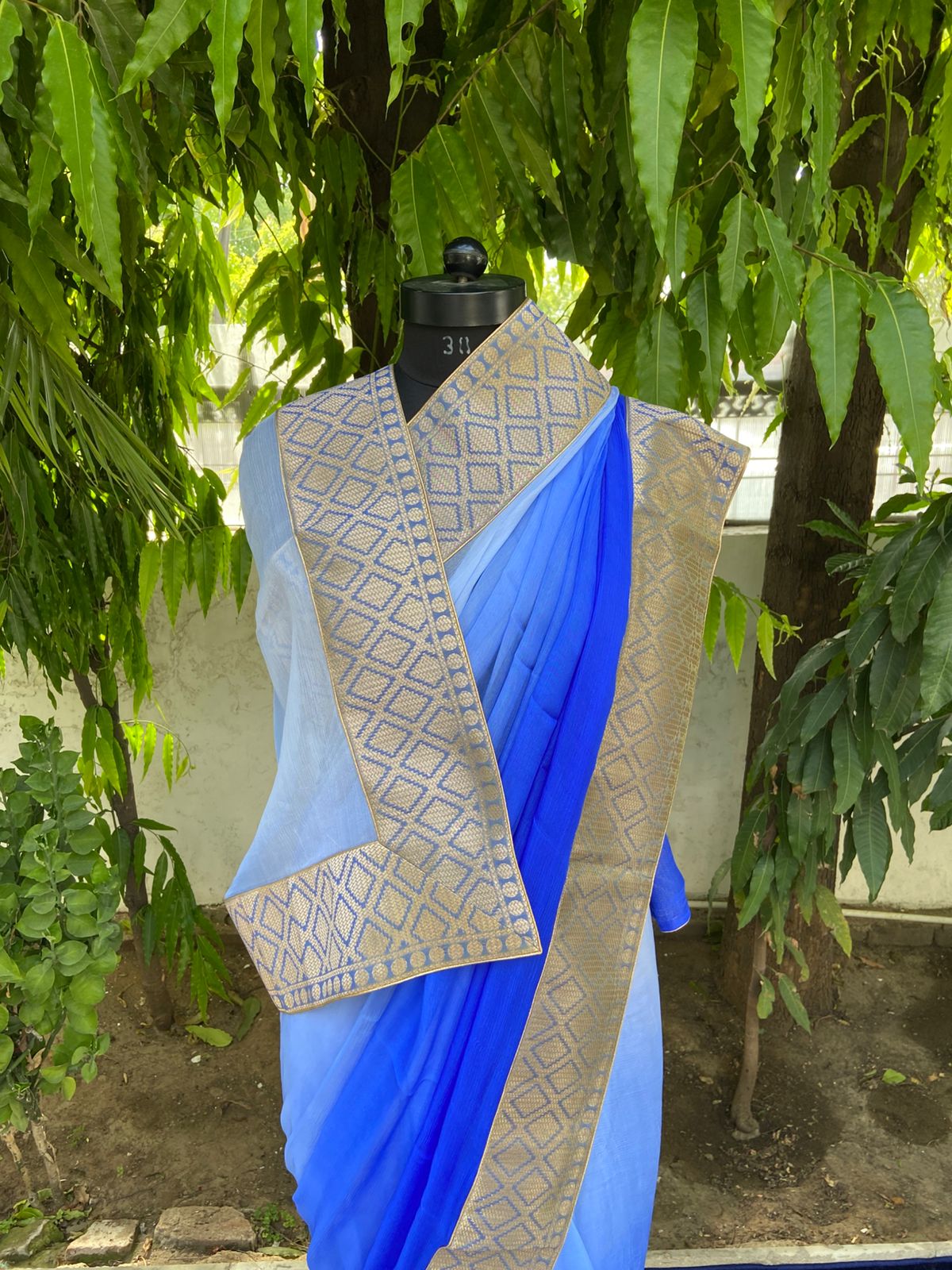 Blue ombre antique border saree