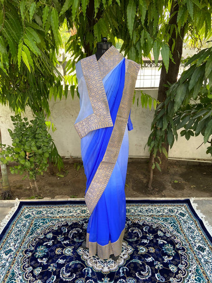 Blue ombre antique border saree
