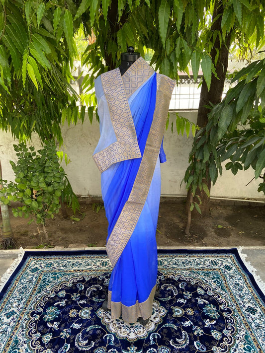 Blue ombre antique border saree