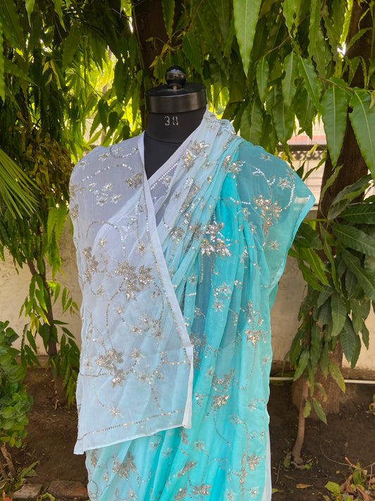 Aqua blue ombre chiffon saree