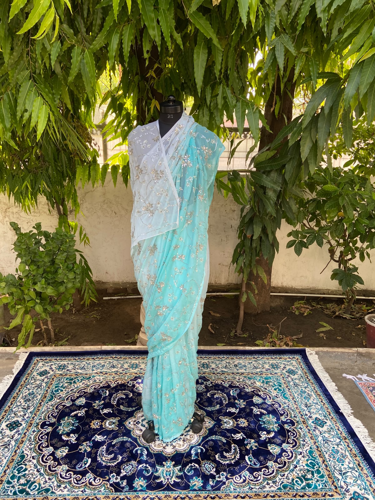 Aqua blue ombre chiffon saree