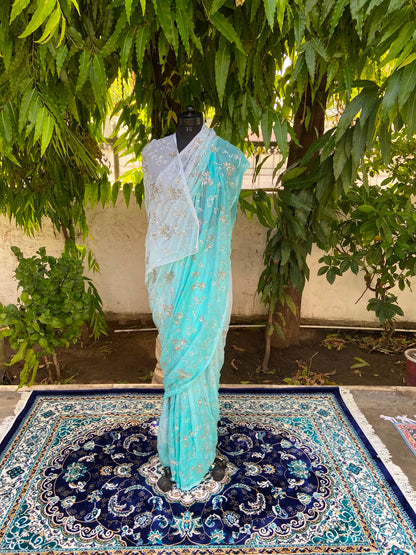 Aqua blue ombre chiffon saree