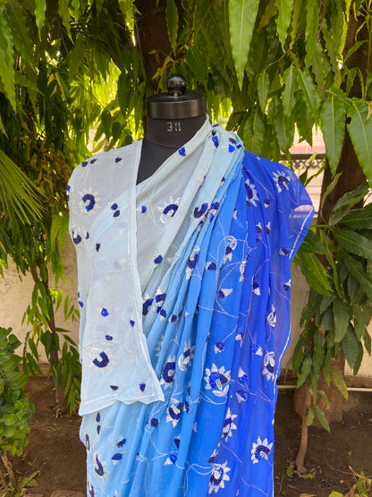 Blue ombre floral chiffon saree