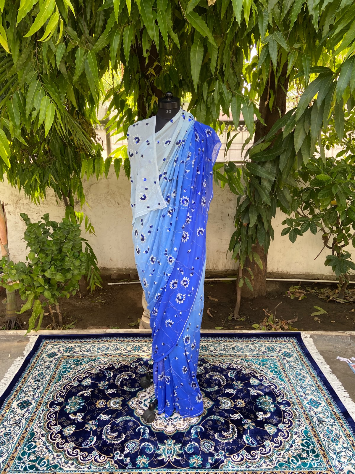 Blue ombre floral chiffon saree