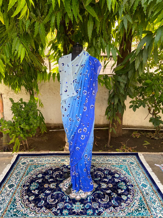 Blue ombre floral chiffon saree