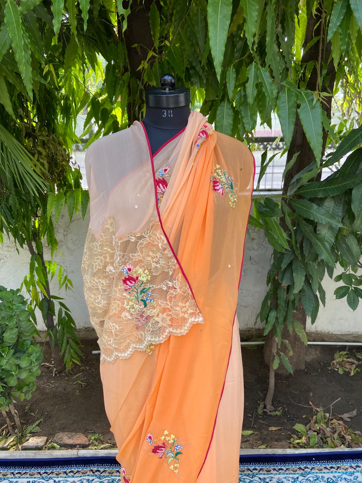 Amber Grace Chiffon Saree – Orange with Lace