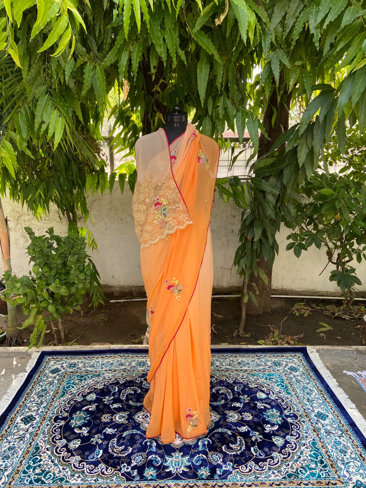 Amber Grace Chiffon Saree – Orange with Lace