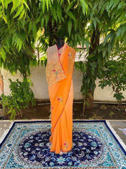 Amber Grace Chiffon Saree – Orange with Lace