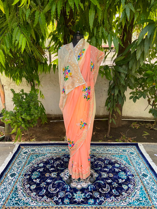 Peach Blossom Chiffon Saree
