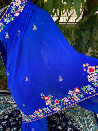 Blue with Multicolor Embroidery Chiffon Saree