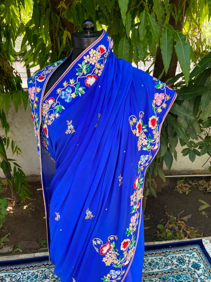 Blue with Multicolor Embroidery Chiffon Saree