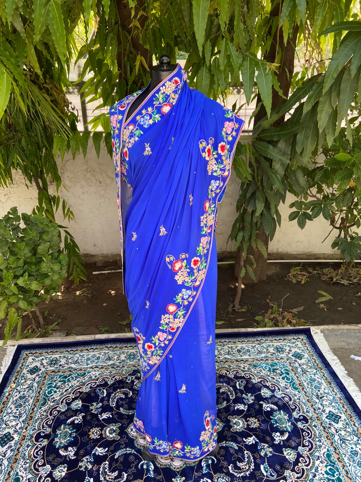 Blue with Multicolor Embroidery Chiffon Saree
