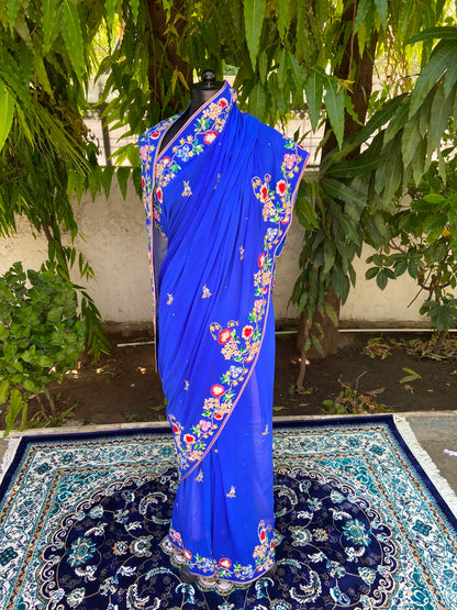 Blue with Multicolor Embroidery Chiffon Saree