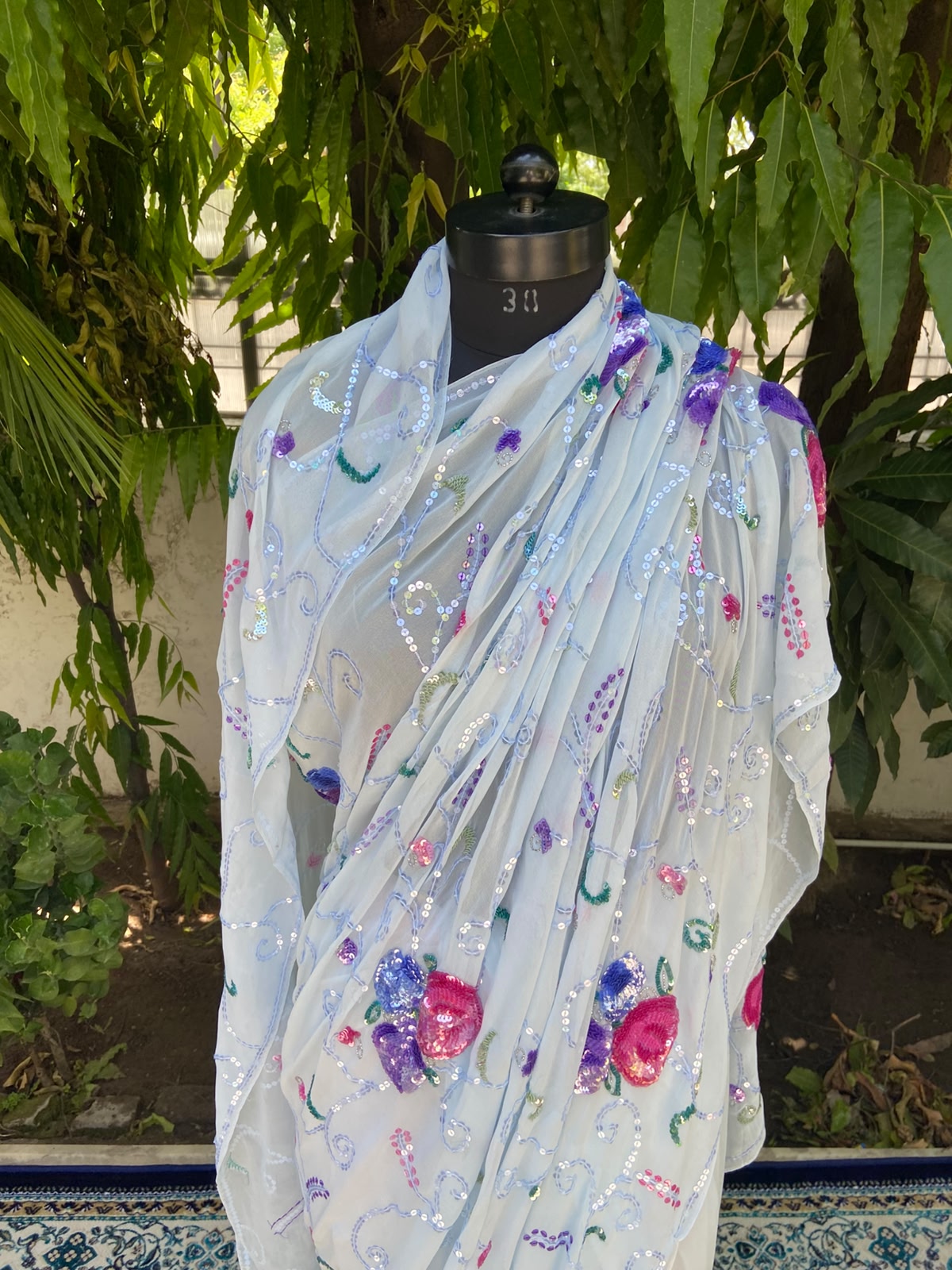 Powder blue georgette saree