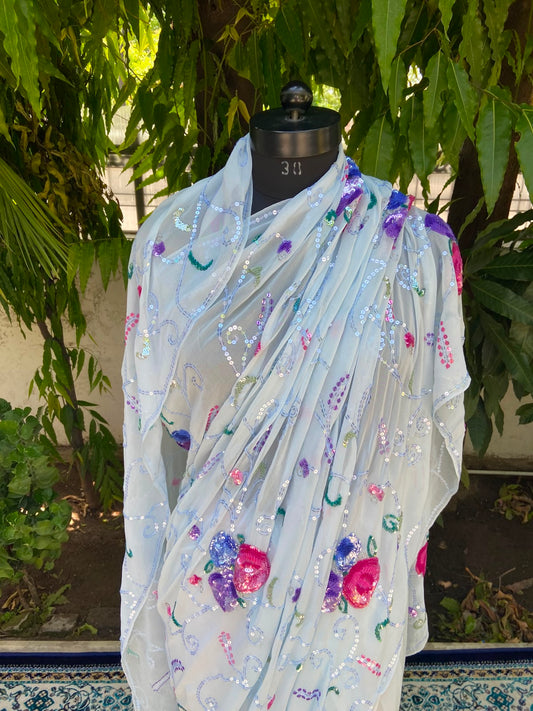 Powder blue georgette saree