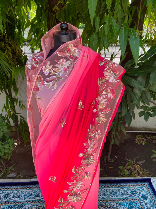 Crimson Glow Chiffon Saree