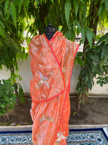 Coral Aviary Tissue Saree