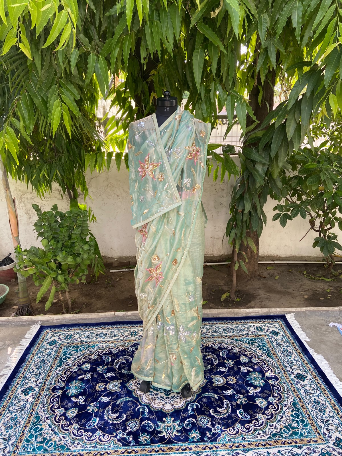 Aqua Blossom Tissue Saree