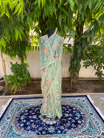 Aqua Blossom Tissue Saree