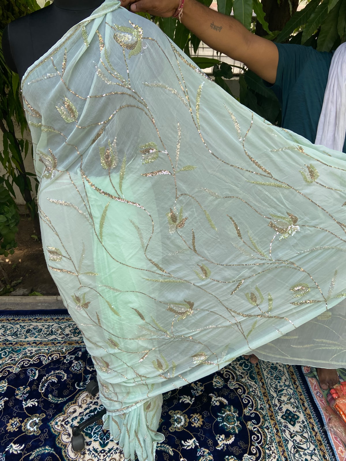Sage green chiffon saree