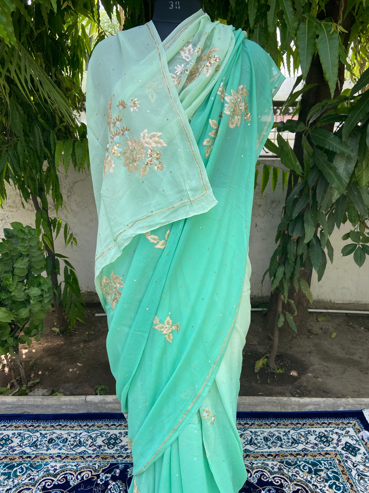 Emerald Bloom Chiffon Saree