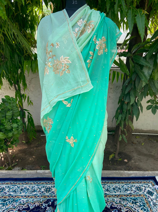 Emerald Bloom Chiffon Saree
