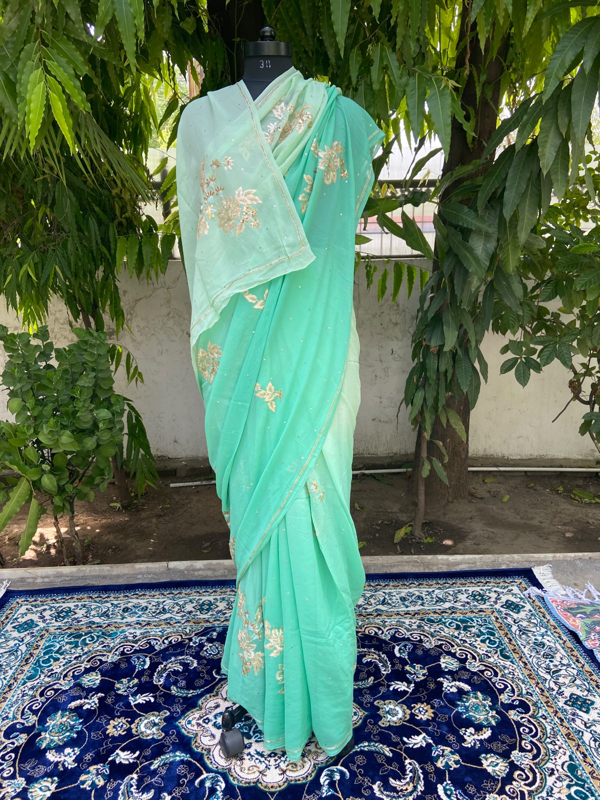 Emerald Bloom Chiffon Saree