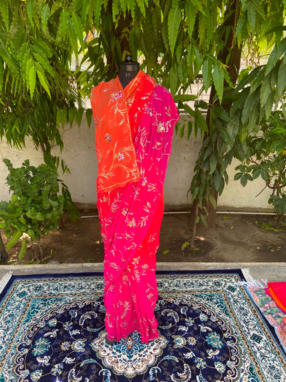 Flame Bloom Chiffon Saree
