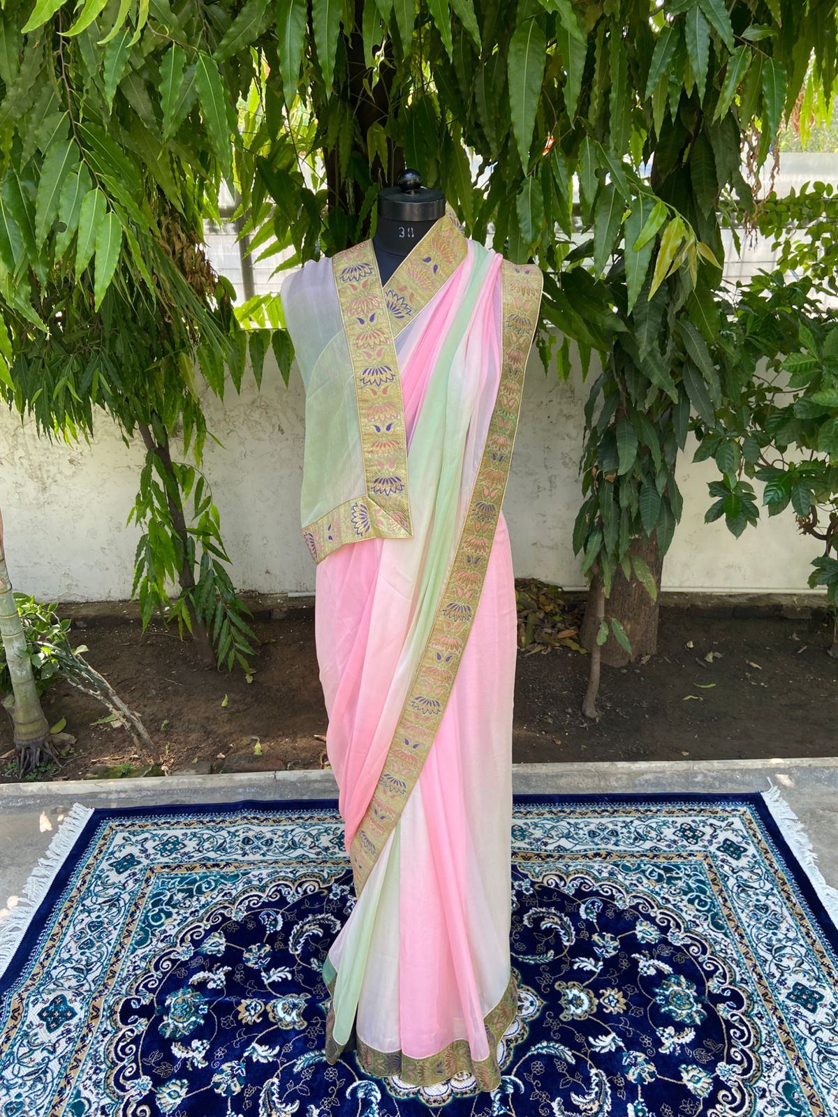 Pink to green ombre antique border saree