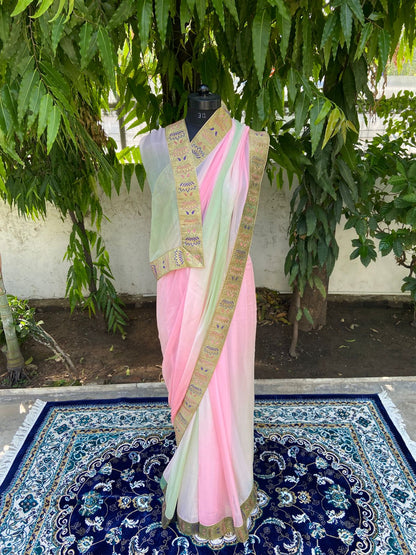 Pink to green ombre antique border saree