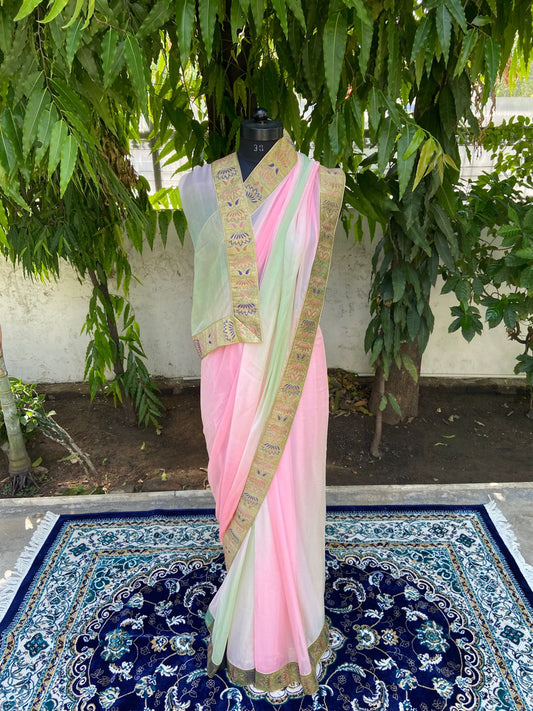 Pink to green ombre antique border saree