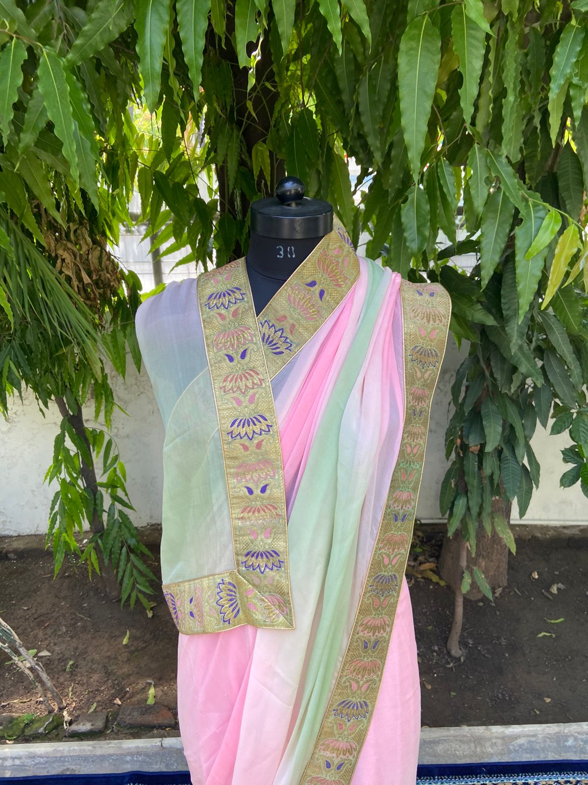 Pink to green ombre antique border saree