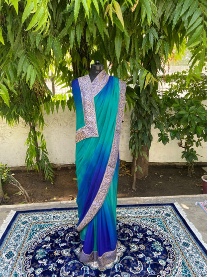 Blue to sea green shaded antique border saree