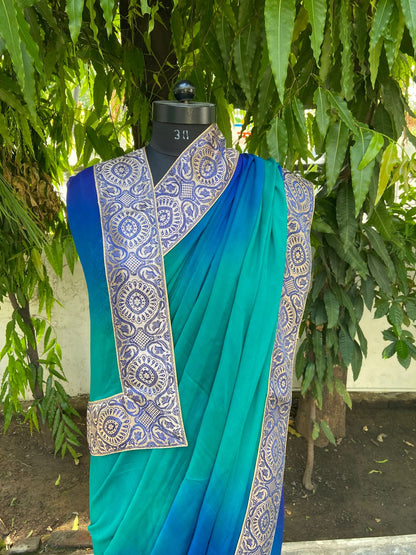 Blue to sea green shaded antique border saree