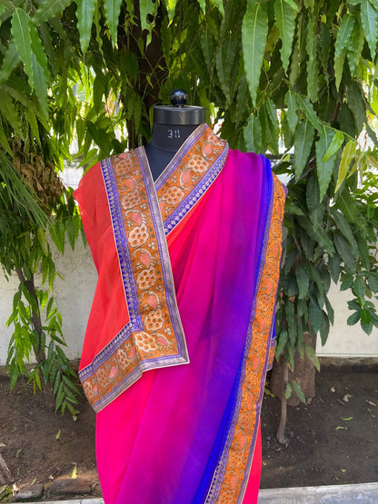 Orange rani to blue shaded antique border saree