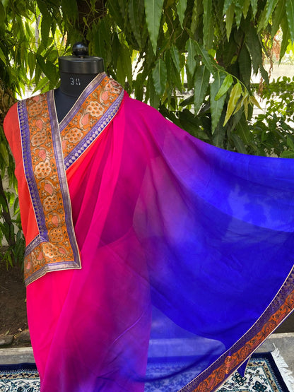 Orange rani to blue shaded antique border saree