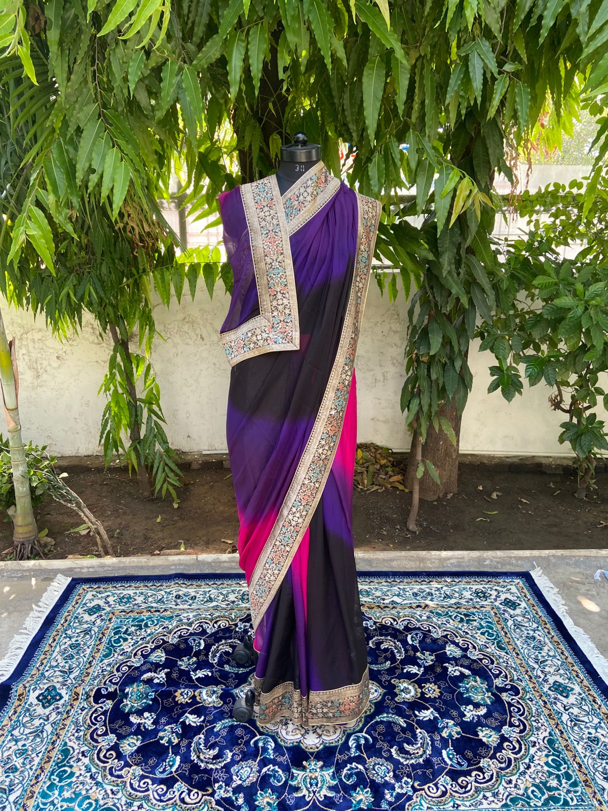 Purple black shaded antique border saree