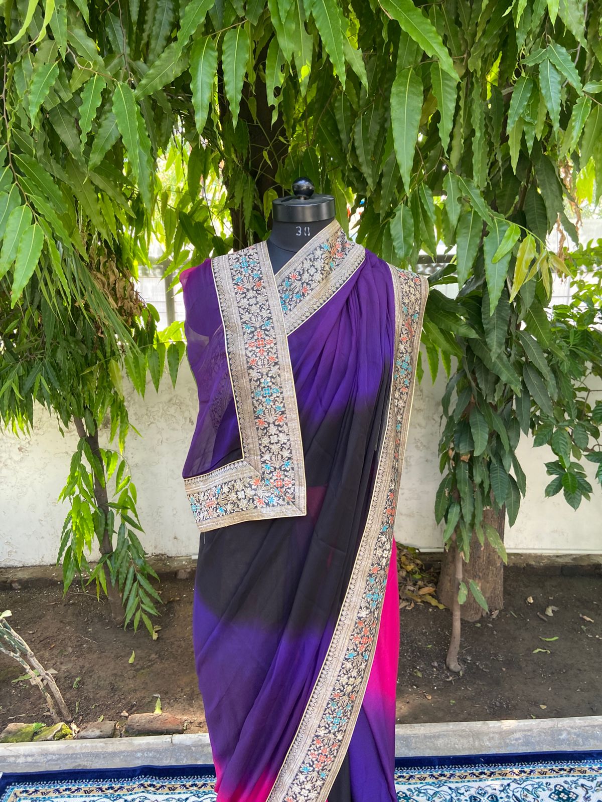 Purple black shaded antique border saree