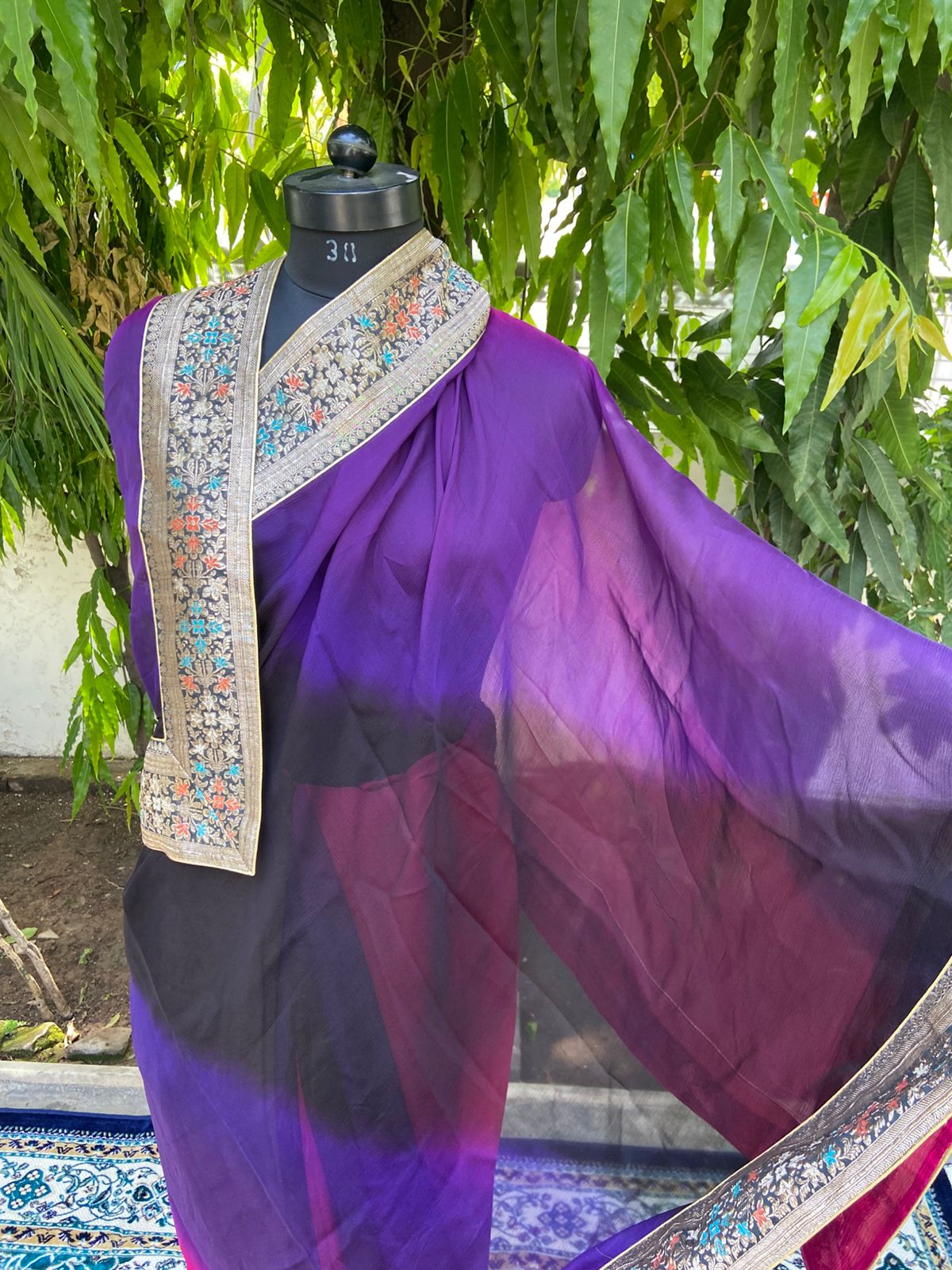 Purple black shaded antique border saree