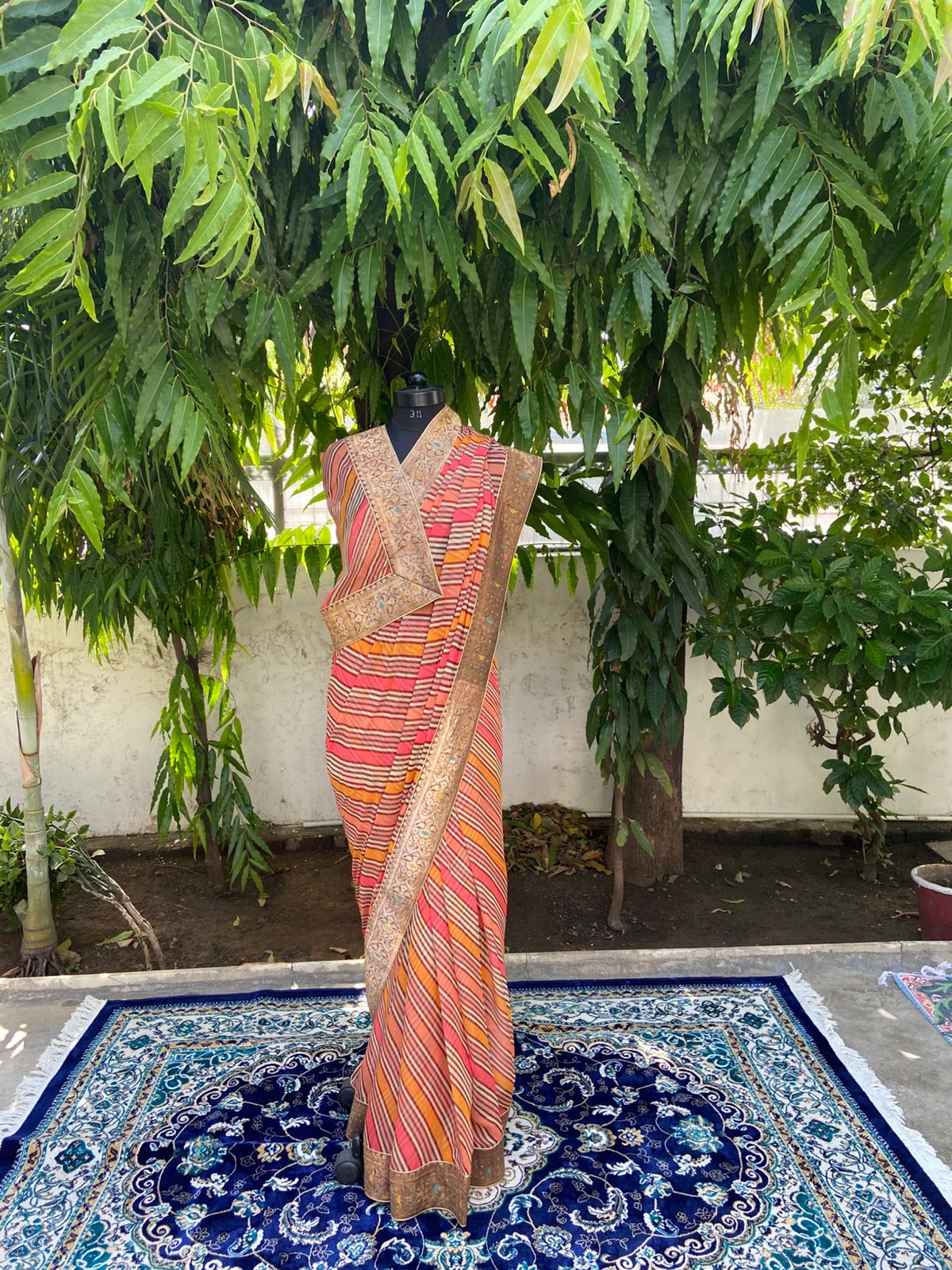 Multi lehariya antique border saree