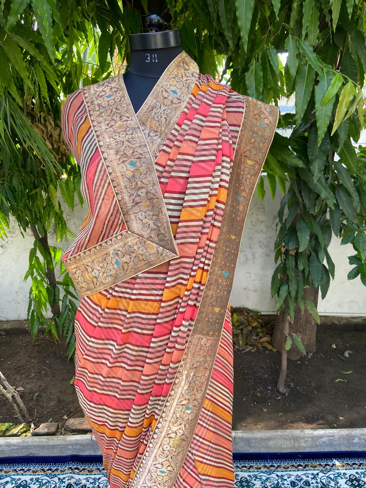 Multi lehariya antique border saree