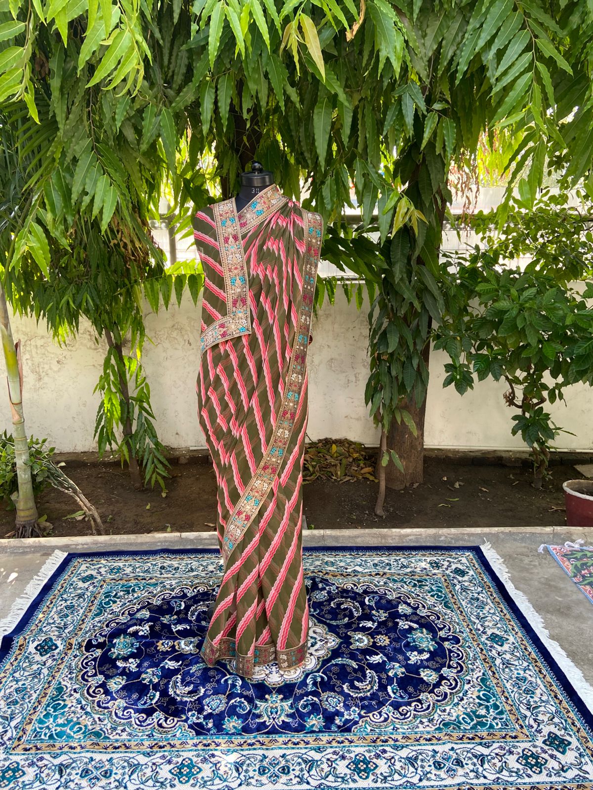 Green red multicolor lehariya antique border saree
