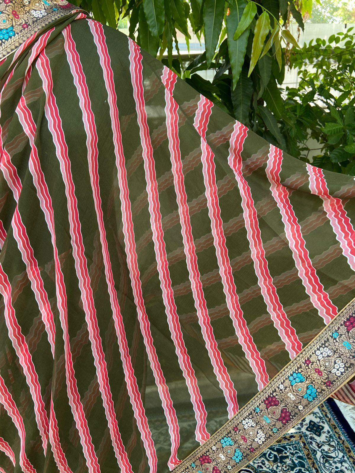 Green red multicolor lehariya antique border saree