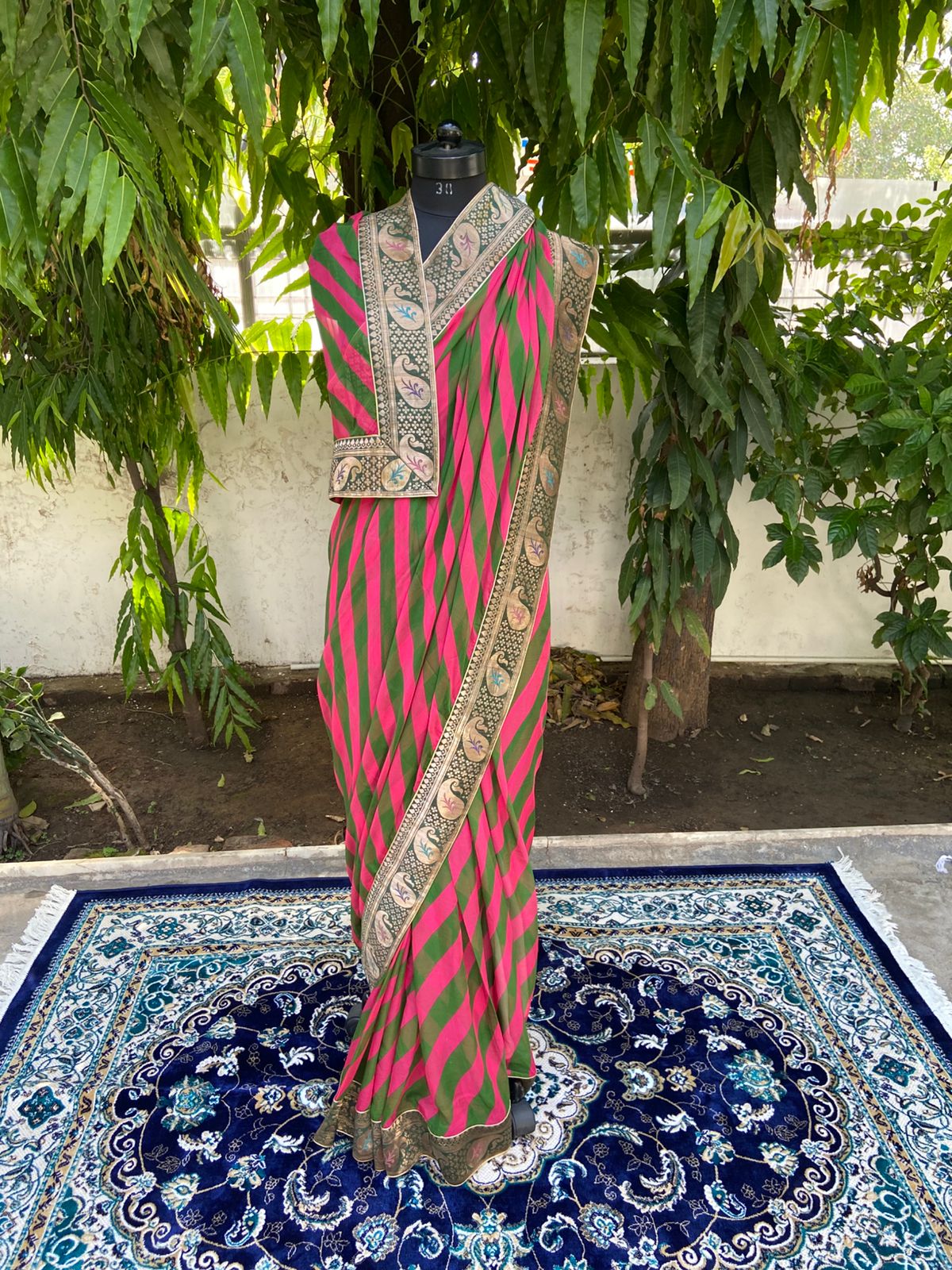 Red green multicolor antique border saree