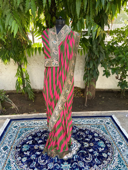 Red green multicolor antique border saree