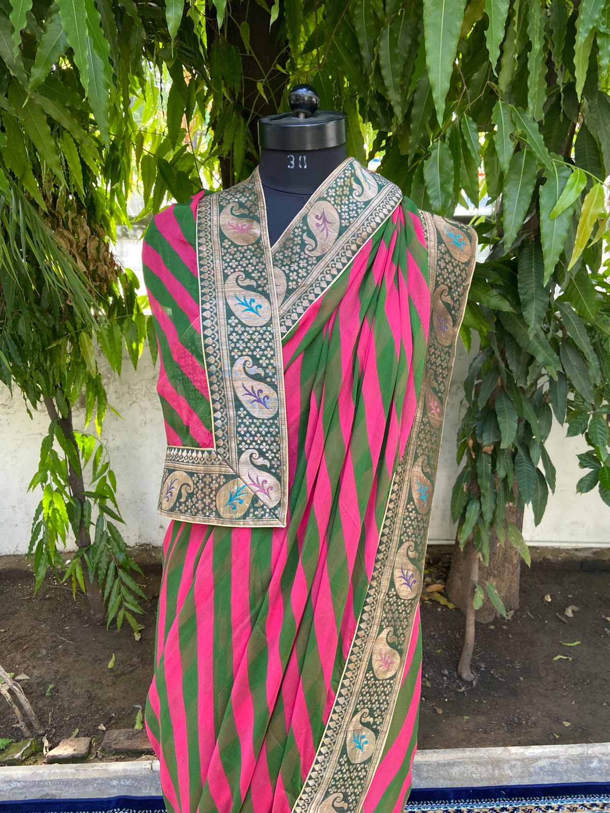 Red green multicolor antique border saree