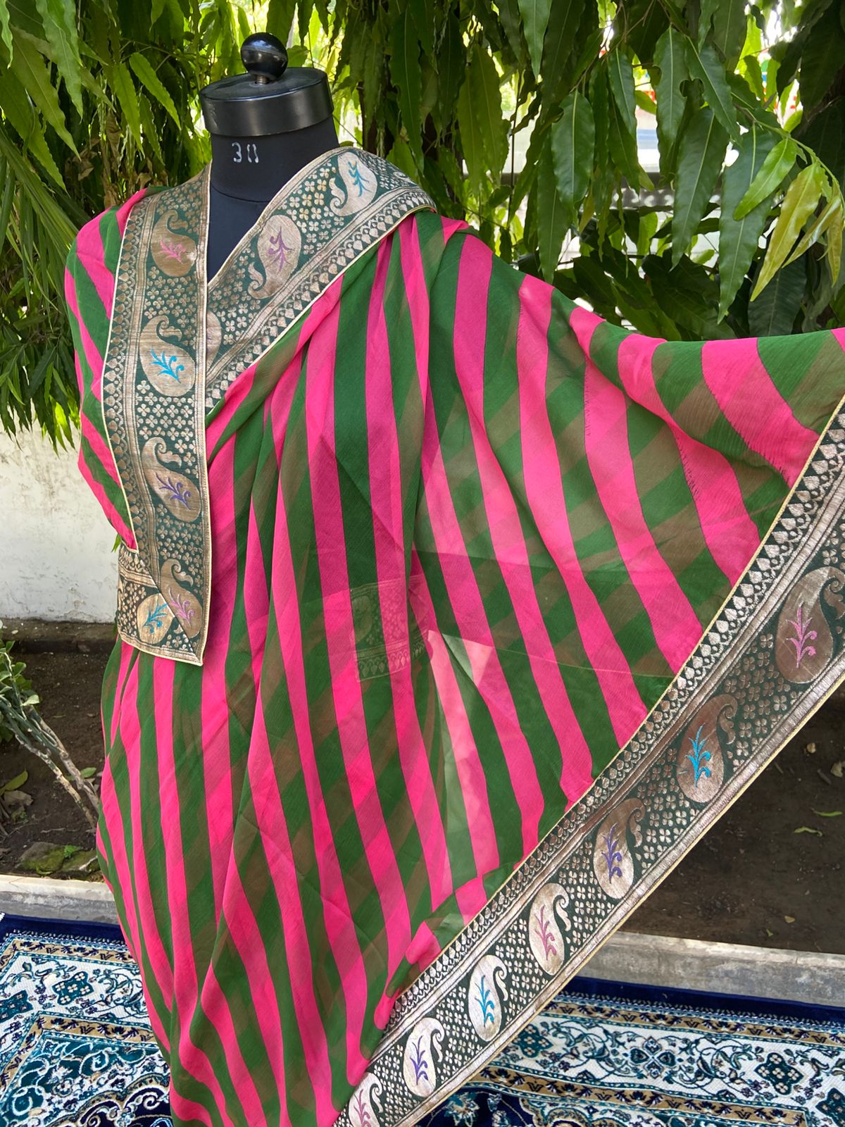 Red green multicolor antique border saree