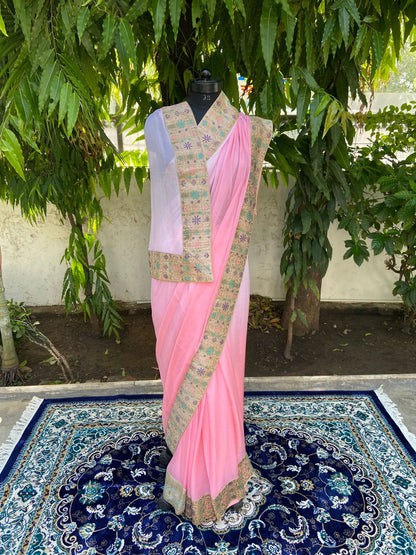 Blush pink shaded antique border saree