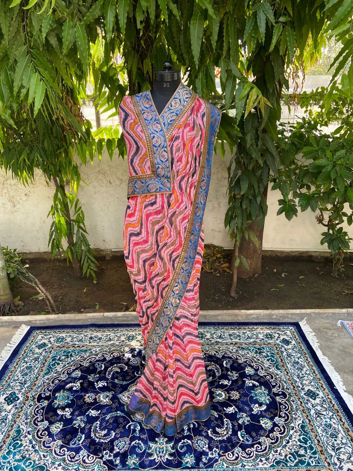 Pink multicolor lehariya antique border saree
